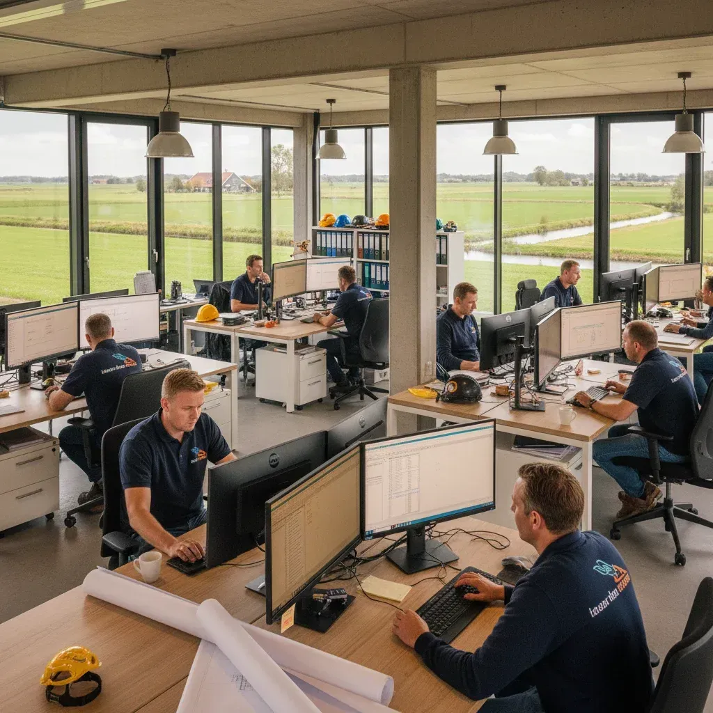 Kantoor met meerdere ingerichte werkplekken en beeldschermen